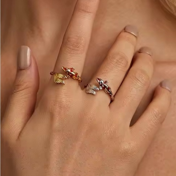 18K Gold Bohemian Lucky Koi Fish Enameled Detailing Ring Open Ring Adjustable - Picture 10 of 11